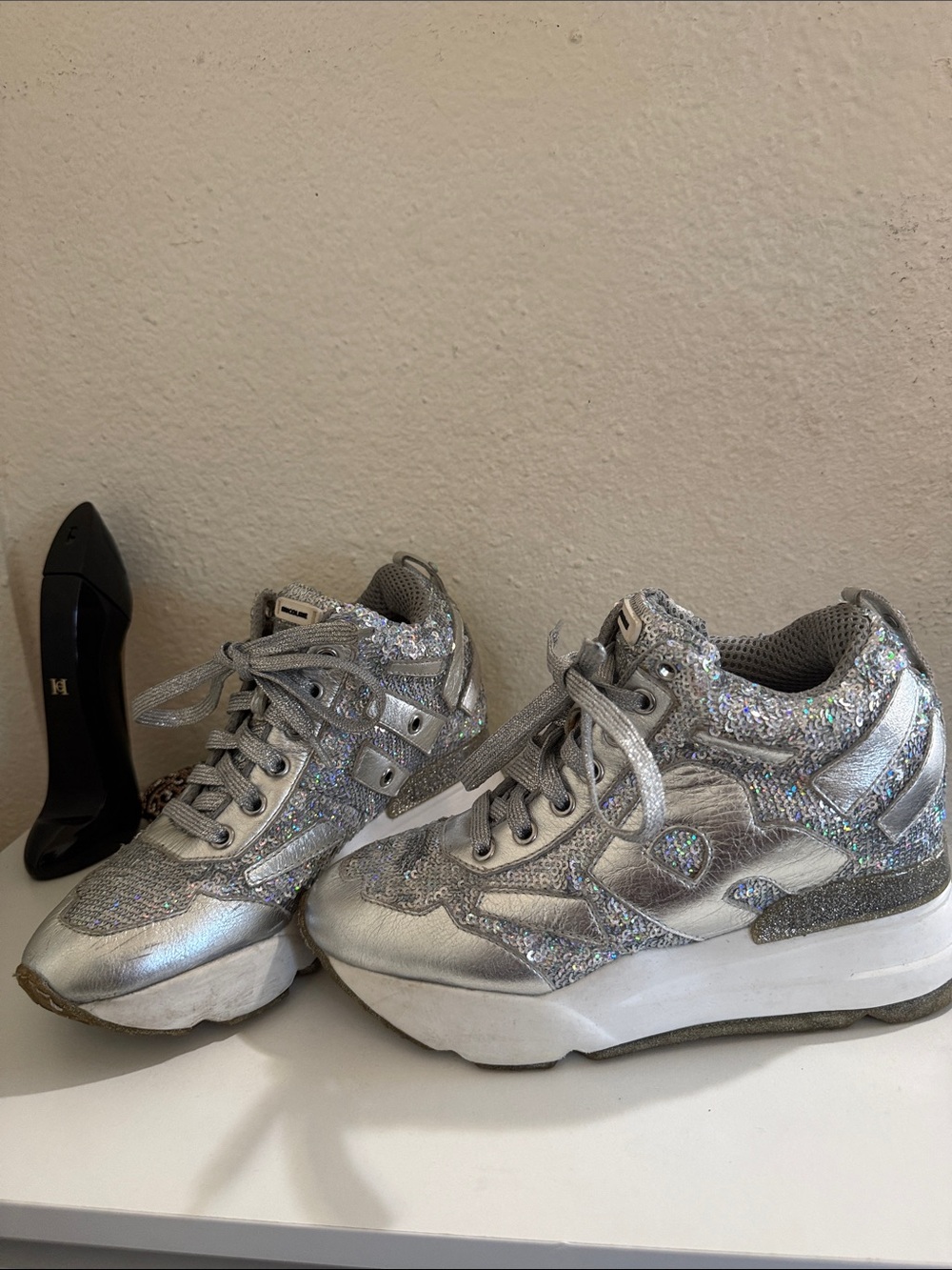 Ruco line  Silver Glitter Platform Sneakers for Women